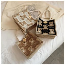 Linen Fabric Canvas Handbag Large-capacity Cartoon Bear Picnic Breakfast Bag With Button Reusable Lunch Bags Women