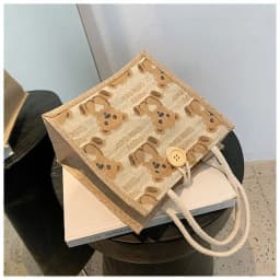 Linen Fabric Canvas Handbag Large-capacity Cartoon Bear Picnic Breakfast Bag With Button Reusable Lunch Bags Women