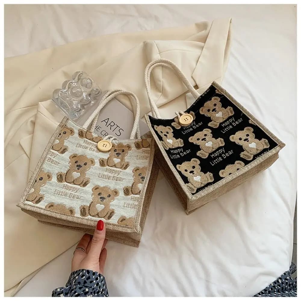 Linen Fabric Canvas Handbag Large-capacity Cartoon Bear Picnic Breakfast Bag With Button Reusable Lunch Bags Women