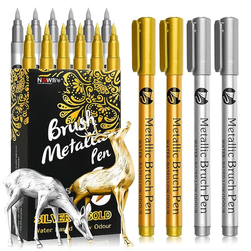 6/12Pcs Soft Brush Permanent Metallic Paint Marker Pen, Waterproof Gold&Silver ,Rock, Mug, Ceramic, Glass, DIY Painting Supplies