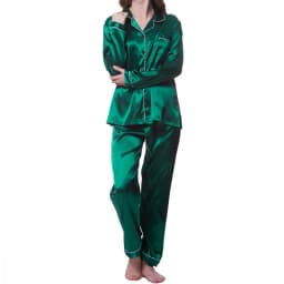 Women's Sleepwear Simple Satin Pajama Set Long Sleeve Buttons Lapel Top With Elastic Pants Loungewear Nightwear 2 Piece Nighty