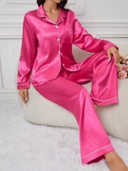 Women's Sleepwear Simple Satin Pajama Set Long Sleeve Buttons Lapel Top With Elastic Pants Loungewear Nightwear 2 Piece Nighty