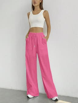 Solid Drawstring Wide Leg Pants, Casual Elastic Waist Slant Pocket Pants For Spring & Summer, Women's Clothing
