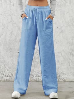 Solid Drawstring Wide Leg Pants, Casual Elastic Waist Slant Pocket Pants For Spring & Summer, Women's Clothing