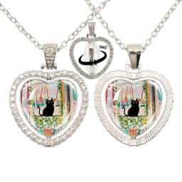 Lovely Little Cat Glass Cabochon 360 Degree Rotating Heart Shaped Pendant With Double-Sided Necklace For Girls' Birthday Gift Je