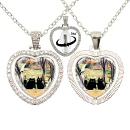 Lovely Little Cat Glass Cabochon 360 Degree Rotating Heart Shaped Pendant With Double-Sided Necklace For Girls' Birthday Gift Je