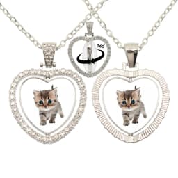 Lovely Little Cat Glass Cabochon 360 Degree Rotating Heart Shaped Pendant With Double-Sided Necklace For Girls' Birthday Gift Je