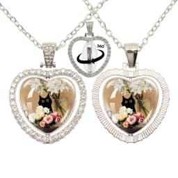 Lovely Little Cat Glass Cabochon 360 Degree Rotating Heart Shaped Pendant With Double-Sided Necklace For Girls' Birthday Gift Je