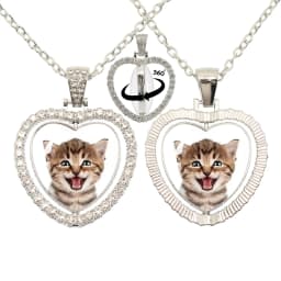 Lovely Little Cat Glass Cabochon 360 Degree Rotating Heart Shaped Pendant With Double-Sided Necklace For Girls' Birthday Gift Je