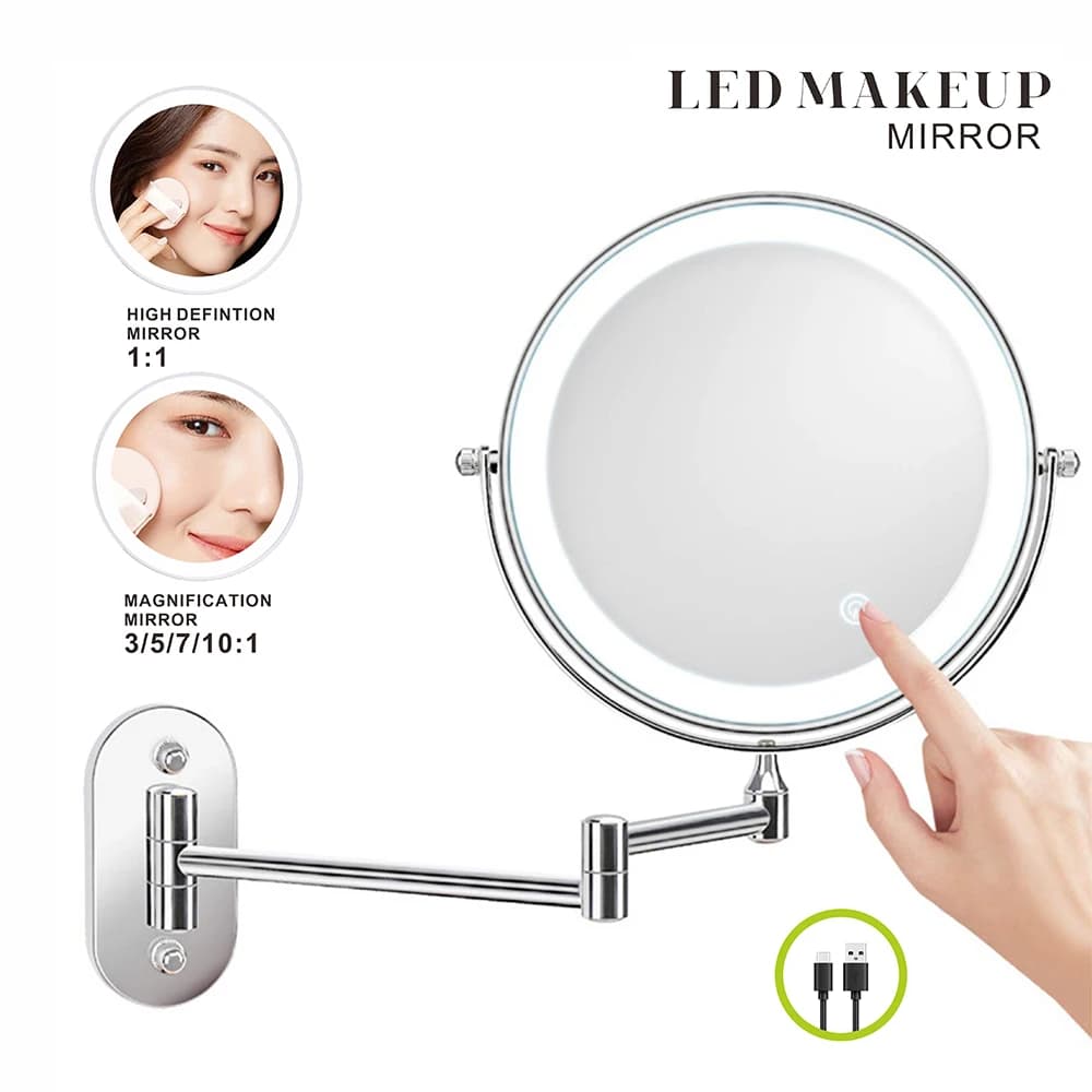8 inch Makeup Mirror Chrome 3x/5x/7x/10x Magnifying Double Side USB Charging Bathroom 3 Color Light Smart Cosmetic Mirrors