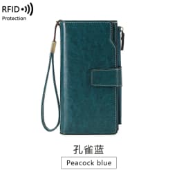 RFID Retro Large Capacity Long Wallet Solid Color Multi-Card Women's Purse Multi-Function Zipper Wallet With Wrist Strap