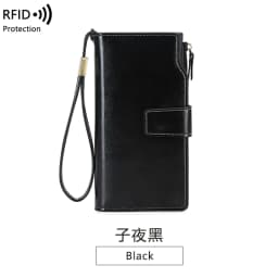 RFID Retro Large Capacity Long Wallet Solid Color Multi-Card Women's Purse Multi-Function Zipper Wallet With Wrist Strap