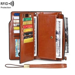 RFID Retro Large Capacity Long Wallet Solid Color Multi-Card Women's Purse Multi-Function Zipper Wallet With Wrist Strap