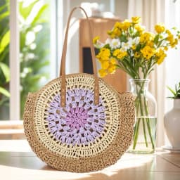 Round Summer Straw Bag with Zipper Closure Beach Shoulder Bag with Color Collision Large Woven Beach Bag Holiday Travel Handbag