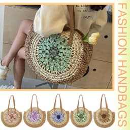 Round Summer Straw Bag with Zipper Closure Beach Shoulder Bag with Color Collision Large Woven Beach Bag Holiday Travel Handbag