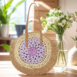 Round Summer Straw Bag with Zipper Closure Beach Shoulder Bag with Color Collision Large Woven Beach Bag Holiday Travel Handbag