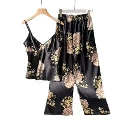 2pcs Summer Women Dress  Printed Suspenders and Long Pants Silk Breathable Backless V-Neck Sling for Home Wear Women Pajamas