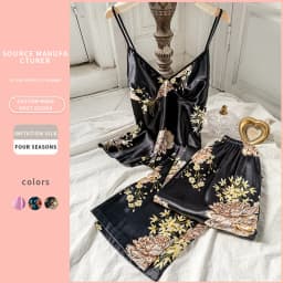 2pcs Summer Women Dress  Printed Suspenders and Long Pants Silk Breathable Backless V-Neck Sling for Home Wear Women Pajamas