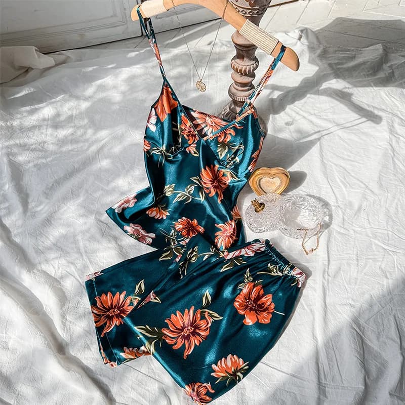 2pcs Summer Women Dress  Printed Suspenders and Long Pants Silk Breathable Backless V-Neck Sling for Home Wear Women Pajamas