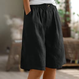 Female Fashion Solid Color Elastic High Waist Pocket Button Up Loose Cotton Linen Five Length Shorts Summer Soft Comfort Pants
