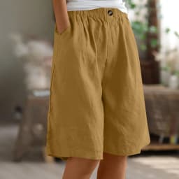 Female Fashion Solid Color Elastic High Waist Pocket Button Up Loose Cotton Linen Five Length Shorts Summer Soft Comfort Pants
