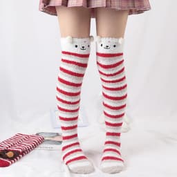 Soft Coral Fleece Sweet Knee Socks Winter Warm Girl Women Cute Cartoon Animal Stockings Striped Cozy Thigh High Christmas Gift