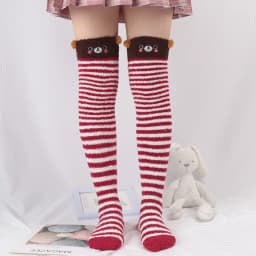 Soft Coral Fleece Sweet Knee Socks Winter Warm Girl Women Cute Cartoon Animal Stockings Striped Cozy Thigh High Christmas Gift