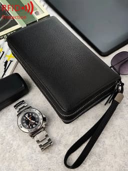 Business RFID Men's Handbag New Double Zipper Large Capacity Men's Wallet High Quality PU Leather Multi Functional Men's Card Ba