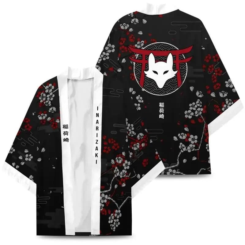 Japanese Inari Fox Print Kimono for Men Women Summer Asian Traditional Costume Yukata Haori Red Floral Cardigan Cosplay Costumes