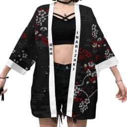 Japanese Inari Fox Print Kimono for Men Women Summer Asian Traditional Costume Yukata Haori Red Floral Cardigan Cosplay Costumes
