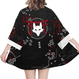 Japanese Inari Fox Print Kimono for Men Women Summer Asian Traditional Costume Yukata Haori Red Floral Cardigan Cosplay Costumes