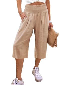 Summer 2024 Amazon Eurn Women's Cross-Border Cotton Hemp Seven Waist Pocket Wide Leg Pants Woman