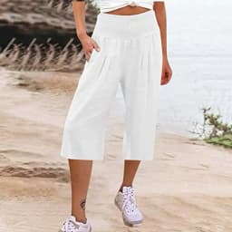 Summer 2024 Amazon Eurn Women's Cross-Border Cotton Hemp Seven Waist Pocket Wide Leg Pants Woman