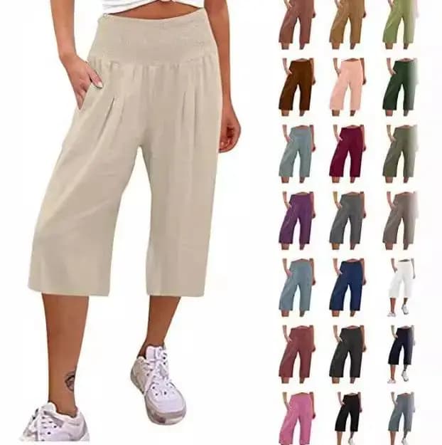 Summer 2024 Amazon Eurn Women's Cross-Border Cotton Hemp Seven Waist Pocket Wide Leg Pants Woman