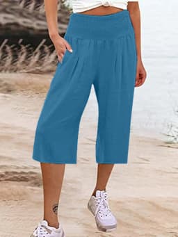 Summer 2024 Amazon Eurn Women's Cross-Border Cotton Hemp Seven Waist Pocket Wide Leg Pants Woman