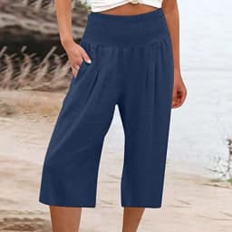 Summer 2024 Amazon Eurn Women's Cross-Border Cotton Hemp Seven Waist Pocket Wide Leg Pants Woman