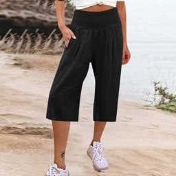 Summer 2024 Amazon Eurn Women's Cross-Border Cotton Hemp Seven Waist Pocket Wide Leg Pants Woman