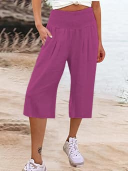 Summer 2024 Amazon Eurn Women's Cross-Border Cotton Hemp Seven Waist Pocket Wide Leg Pants Woman