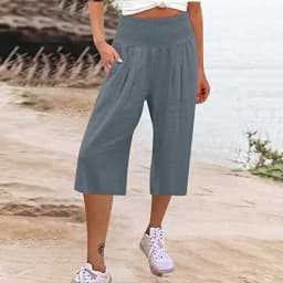 Summer 2024 Amazon Eurn Women's Cross-Border Cotton Hemp Seven Waist Pocket Wide Leg Pants Woman