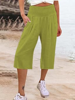 Summer 2024 Amazon Eurn Women's Cross-Border Cotton Hemp Seven Waist Pocket Wide Leg Pants Woman