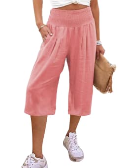 Summer 2024 Amazon Eurn Women's Cross-Border Cotton Hemp Seven Waist Pocket Wide Leg Pants Woman