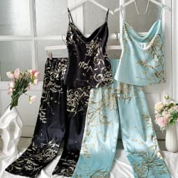 2Pcs Summer Sexy New Fashion Women's Pajamas Top Women Printed Backless Slip Dress Imitation Silk Loungewear Simple Sleepwear