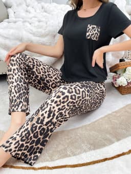 Women's Pajamas with Leopard Print, Comfortable Top with Pockets, Short Sleeves, Long Pants, Suitable for Wearing Outside, Loungewear Pajama Set