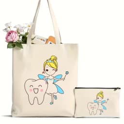 2Pcs Tooth and Dentist Graphic Aesthetic Funny Fashion Handbags Shoulder Bags Casual Shopping Girls Handbag Women Elegant Canvas
