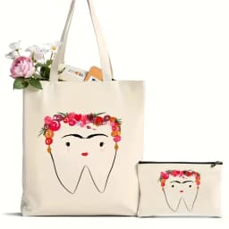 2Pcs Tooth and Dentist Graphic Aesthetic Funny Fashion Handbags Shoulder Bags Casual Shopping Girls Handbag Women Elegant Canvas