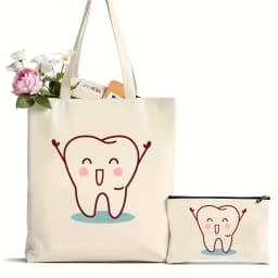 2Pcs Tooth and Dentist Graphic Aesthetic Funny Fashion Handbags Shoulder Bags Casual Shopping Girls Handbag Women Elegant Canvas