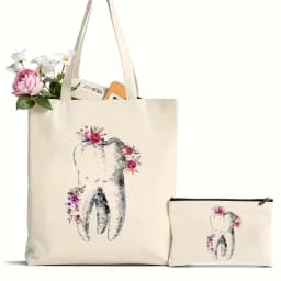 2Pcs Tooth and Dentist Graphic Aesthetic Funny Fashion Handbags Shoulder Bags Casual Shopping Girls Handbag Women Elegant Canvas