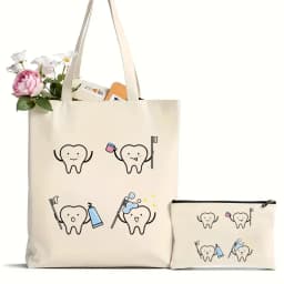 2Pcs Tooth and Dentist Graphic Aesthetic Funny Fashion Handbags Shoulder Bags Casual Shopping Girls Handbag Women Elegant Canvas