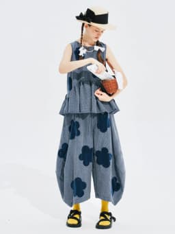 imakokoni summer new flocking applique plaid Korean wide-leg pants women's loose 244629