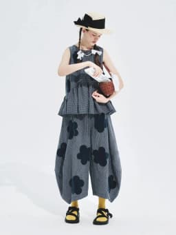 imakokoni summer new flocking applique plaid Korean wide-leg pants women's loose 244629